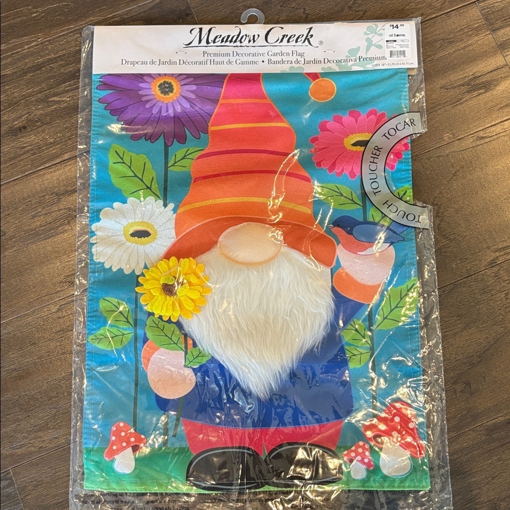 Meadow Creek Decorative Garden Flag, Furry Bearded Gnome in the flower garden